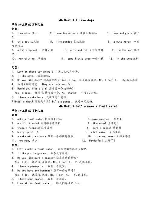 译林版4A各单元重点句子