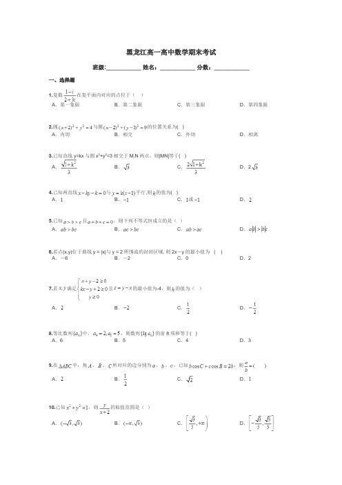 黑龙江高一高中数学期末考试带答案解析
