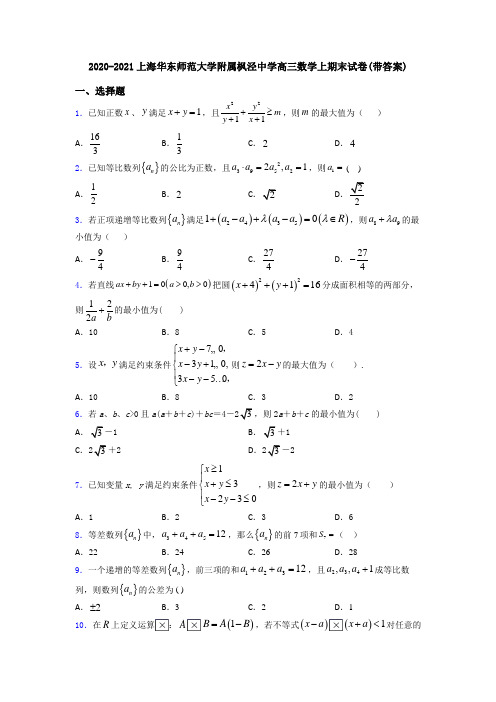 2020-2021上海华东师范大学附属枫泾中学高三数学上期末试卷(带答案)