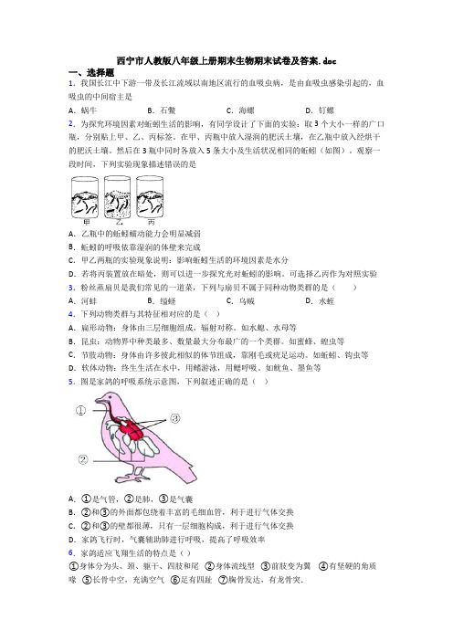 西宁市人教版八年级上册期末生物期末试卷及答案.doc