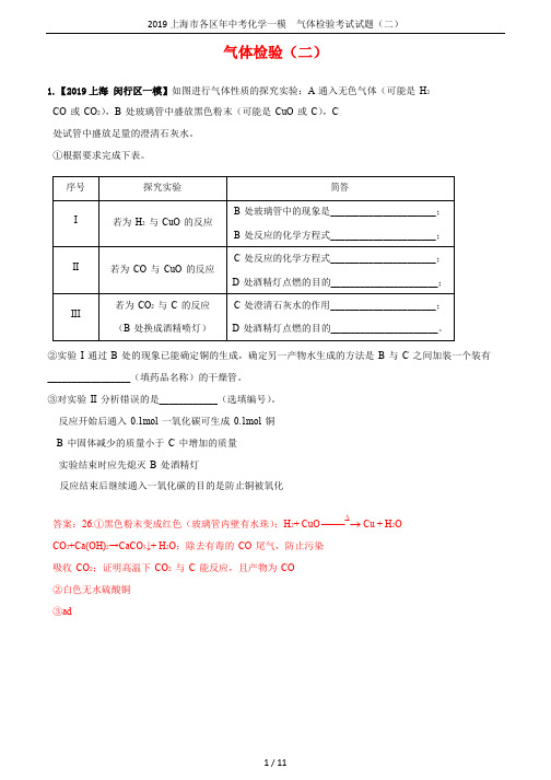 2019上海市各区年中考化学一模  气体检验考试试题(二)