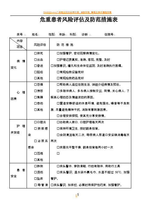 (ICU)危重患者风险评估及防范措施表