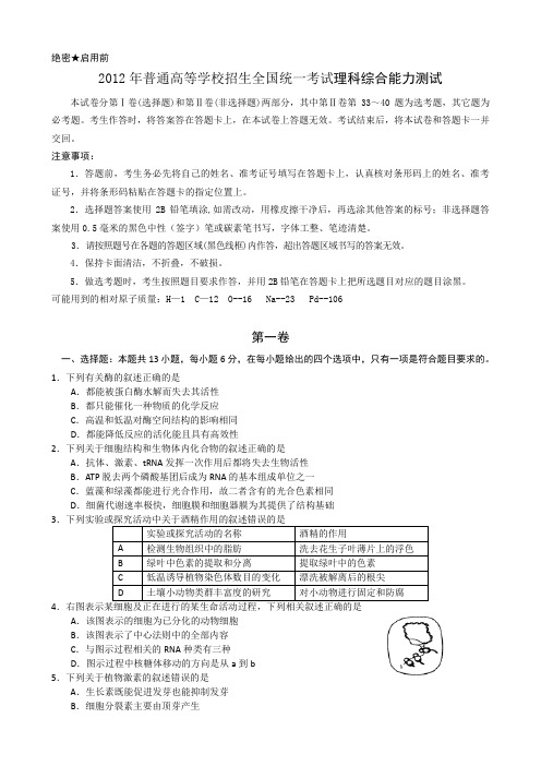 2012年普通高等学校招生全国统一考试理科综合能力测试