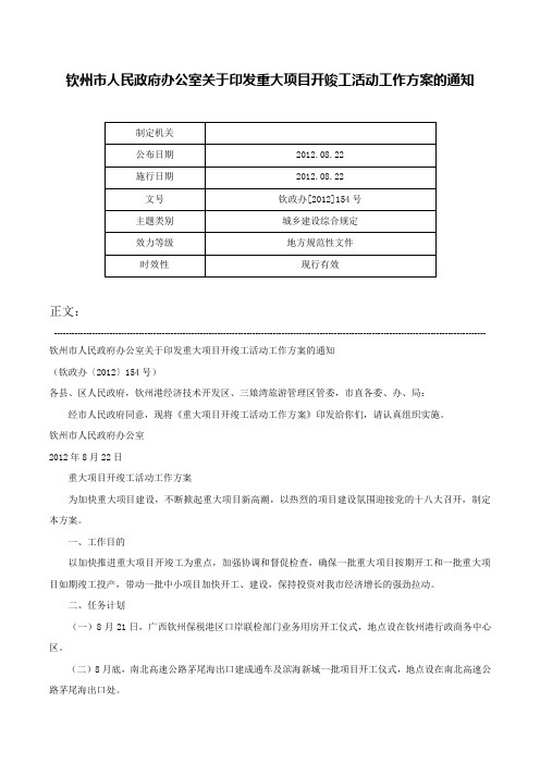 钦州市人民政府办公室关于印发重大项目开竣工活动工作方案的通知-钦政办[2012]154号