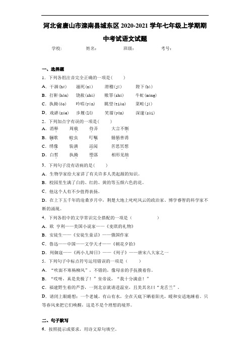 2020-2021河北省唐山市滦南县城东区七年级上学期期中考试语文试题