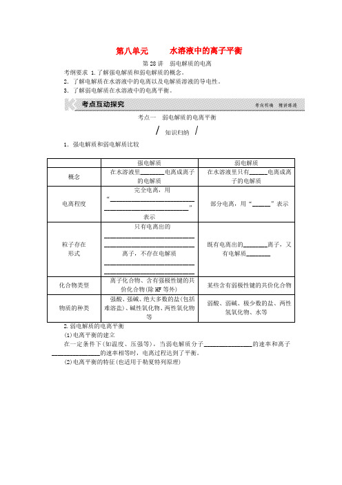 高考复习方案(全国卷)2020版高考化学一轮复习 第8单元 水溶液中的离子平衡听课手册(无答案)新人教版