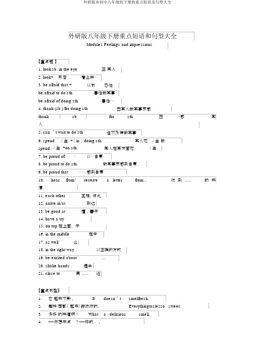 外研版本初中八年级的下册的重点短语及句型大全