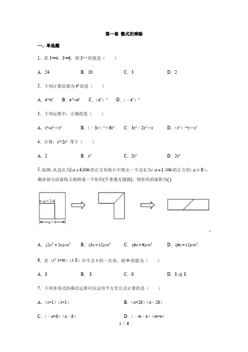 北师大版七年级数学下册第一章整式的乘除练习(含答案)