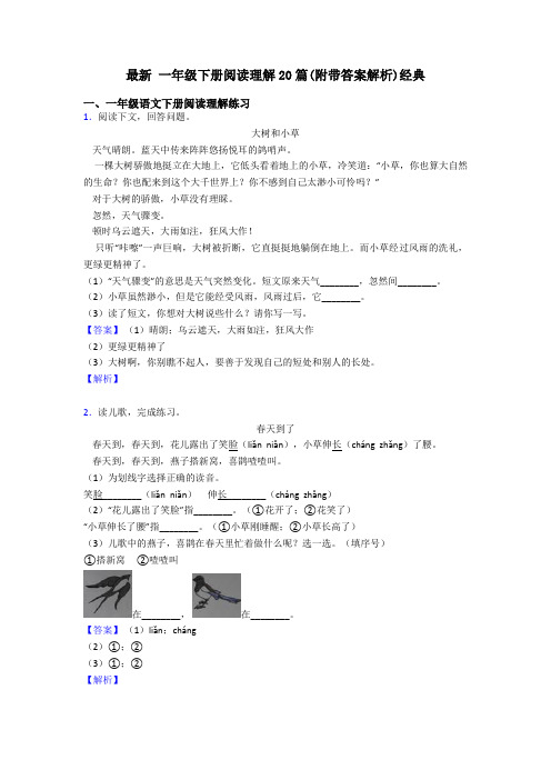 一年级最新 一年级下册阅读理解20篇(附带答案解析)经典