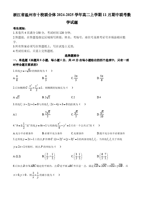 浙江省温州市十校联合体2024-2025学年高二上学期11月期中联考数学试题(含答案)