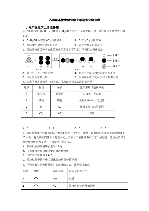 苏州新草桥中学化学初三化学上册期末化学试卷