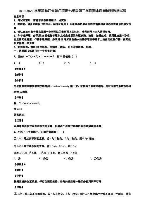 2019-2020学年黑龙江省哈尔滨市七年级第二学期期末质量检测数学试题含解析