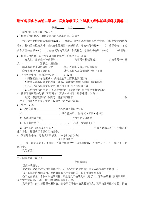 浙江省桐乡市九年级语文上学期文理科基础调研模测卷二