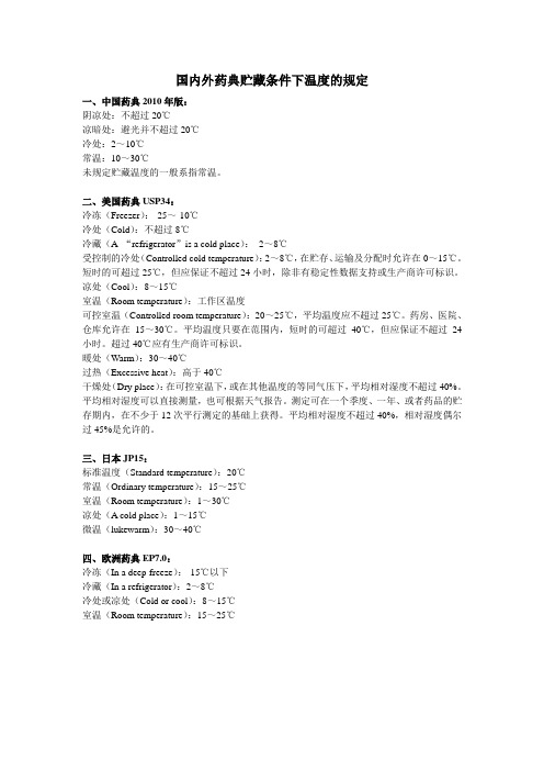 国内外药典贮藏条件下温度的规定