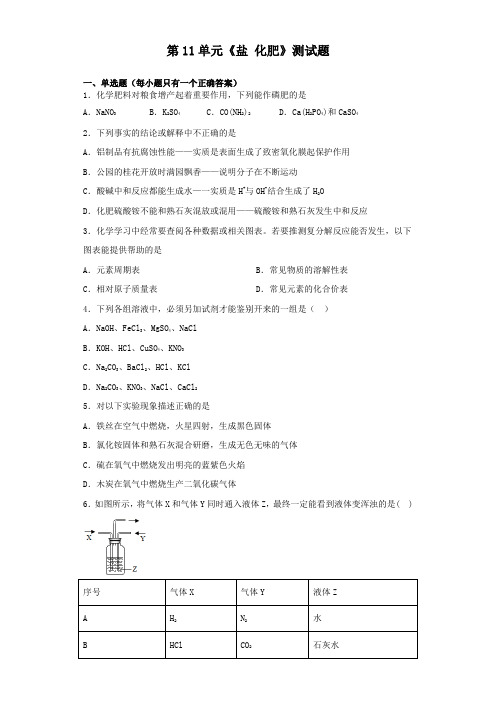 人教版化学九年级下册第11单元《盐 化肥》测试题(含答案)