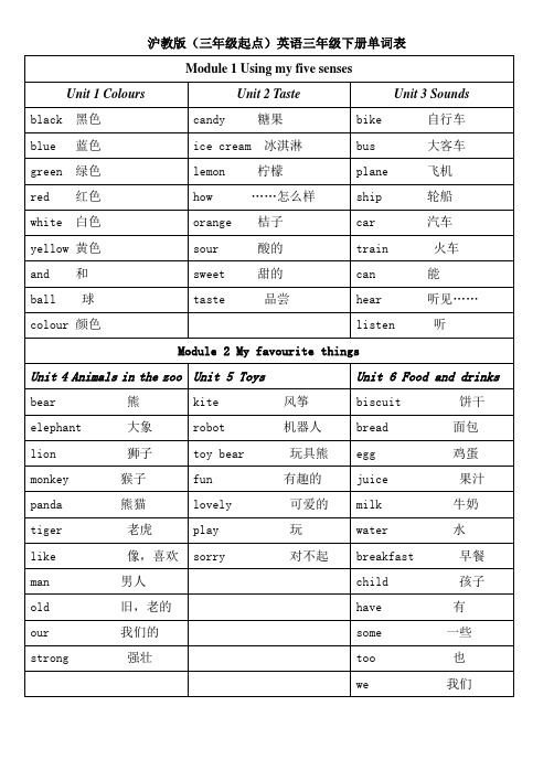 沪教版英语三年级下册单词表