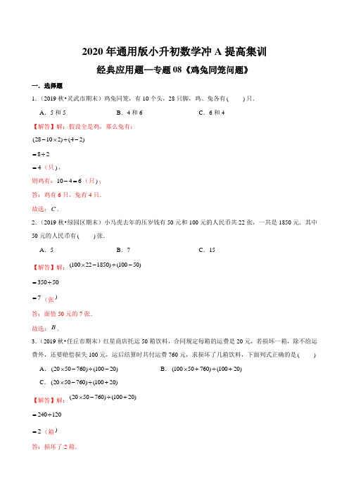 经典应用题—专题08《鸡兔同笼问题》2020年通用版小升初数学冲A提高集训(解析版)