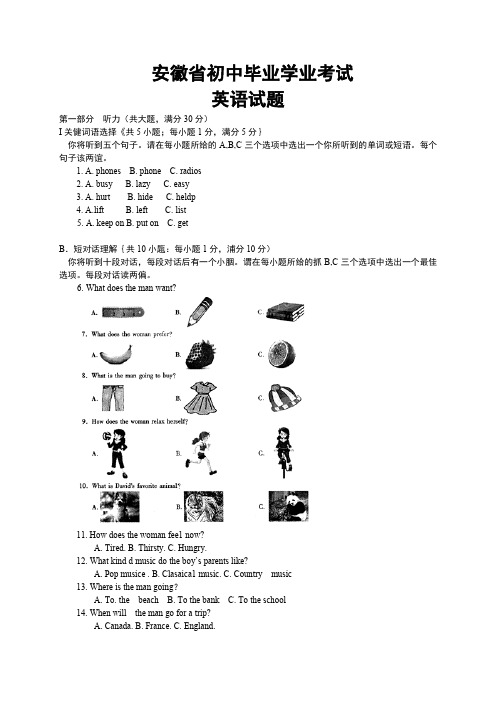 安徽省2015年中考英语试题含答案(word版)