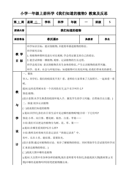 小学一年级上册科学《我们知道的植物》教案及反思