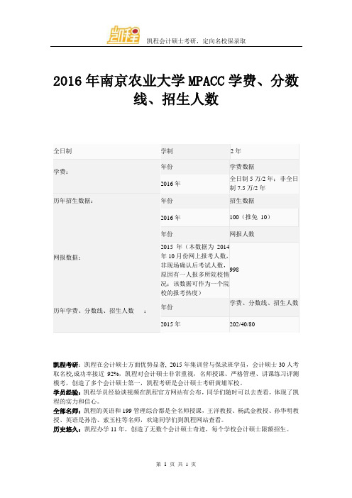 2016年南京农业大学MPACC学费、分数线、招生人数