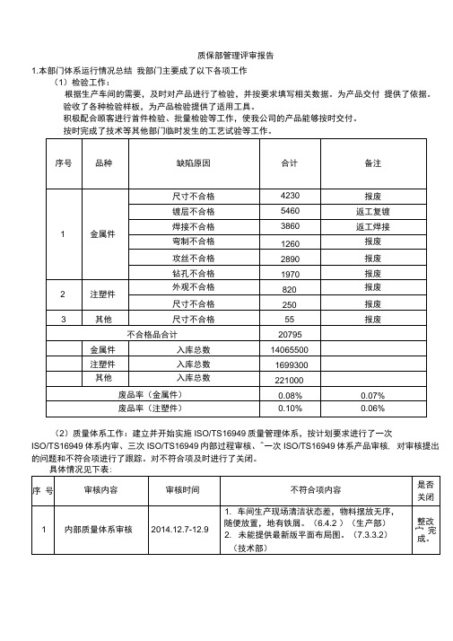 2019年质保部管理评审报告完整版