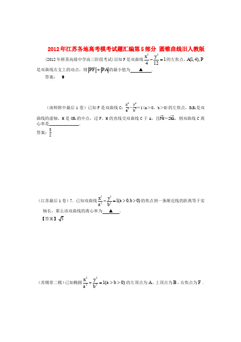 江苏省各地2012年高考模考试题汇编 第5部分 圆锥曲线 旧人教版