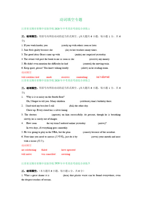 江苏省无锡市省锡中实验学校2020年中考英语考前综合训练试题分类汇编：动词填空专题