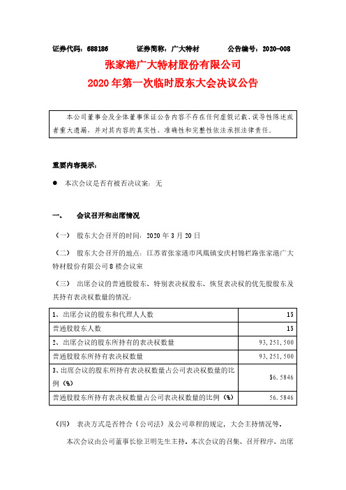 广大特材：2020年第一次临时股东大会决议公告