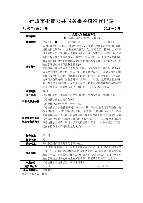 行政审批或公共服务事项核准登记表