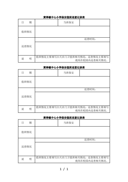 黄泽镇中心小学保安值班巡查记录表