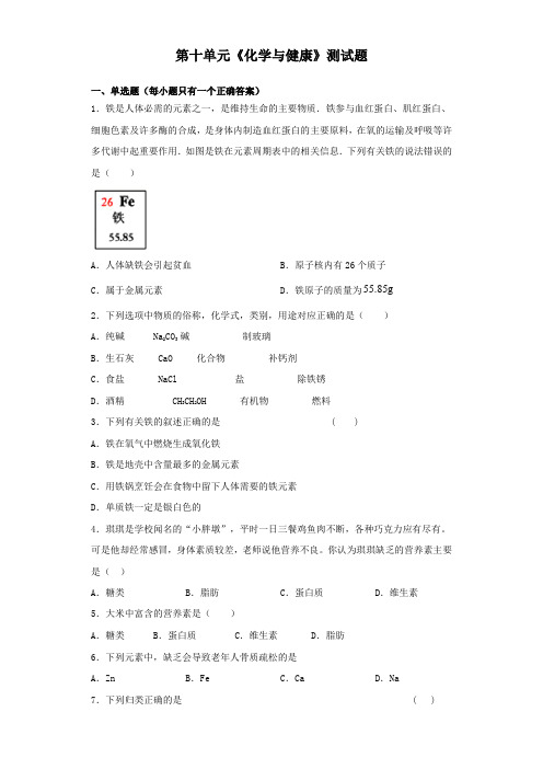 鲁教版化学九年级下册第十单元《化学与健康》测试题(含答案)