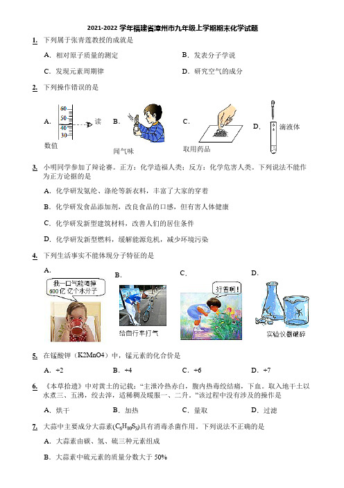 2021-2022学年福建省漳州市九年级上学期期末化学试题