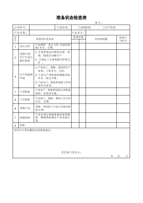 GJB 9001C 试制 生产前准备状态检查表