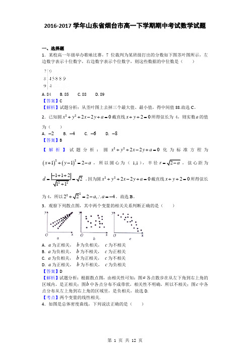 2016-2017学年山东省烟台市高一下学期期中考试数学试题(解析版)