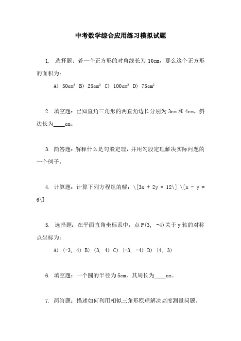 中考数学综合应用练习模拟试题