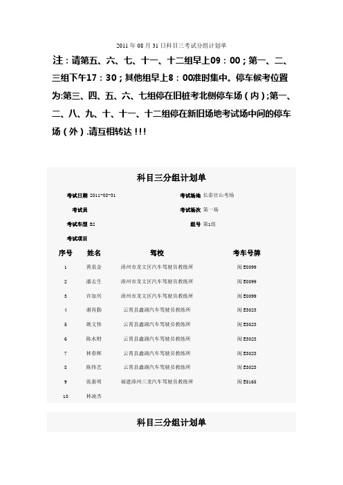 2011年08月31日科目三考试分组计划单