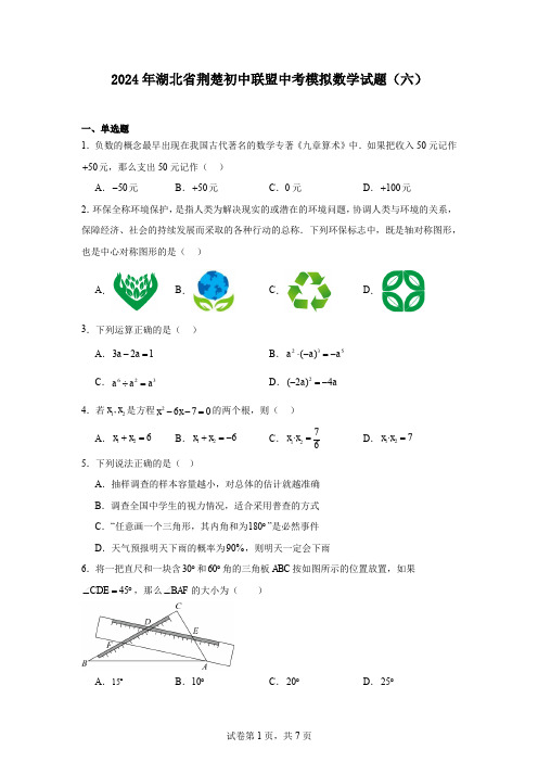 2024年湖北省荆楚初中联盟中考模拟数学试题(六)