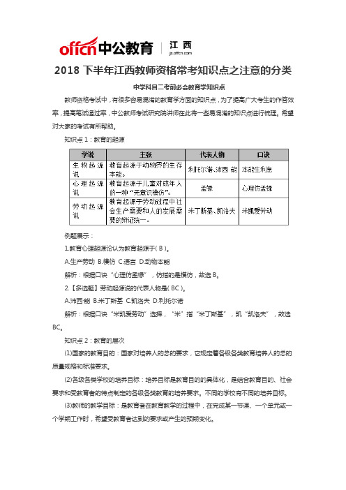 2018下半年江西教师资格常考知识点之注意的分类