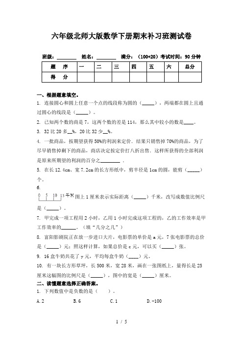 六年级北师大版数学下册期末补习班测试卷