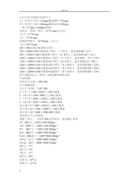 电子版及各种证件照片标准尺寸