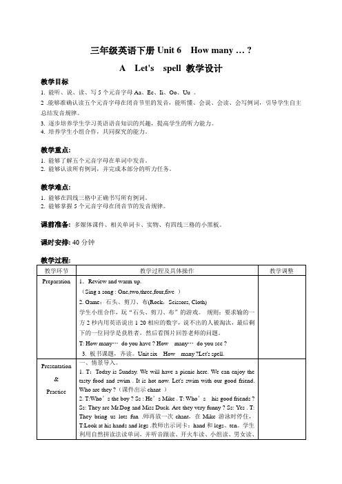 英语人教版三年级下册Unit6 PartA：Let's spell 教学设计