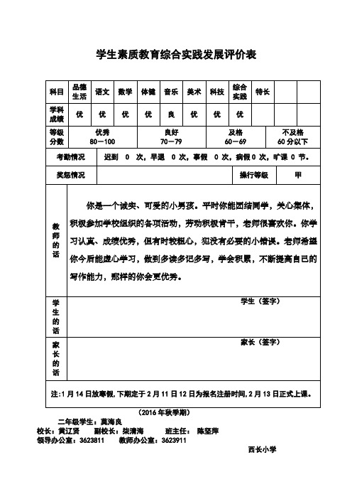 学生素质教育综合发展评价表