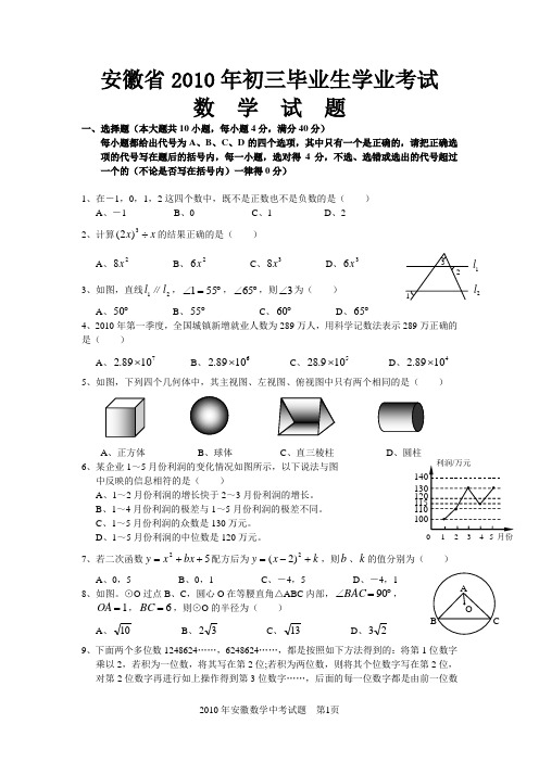 2010年安徽中考数学试题及答案