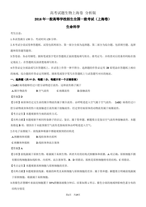 高考试题生物上海卷 解析版