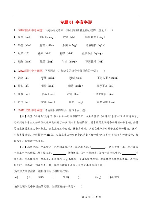 专题01 字音字形-2022年中考语文真题分项汇编 (全国通用)(第1期)(原卷版)