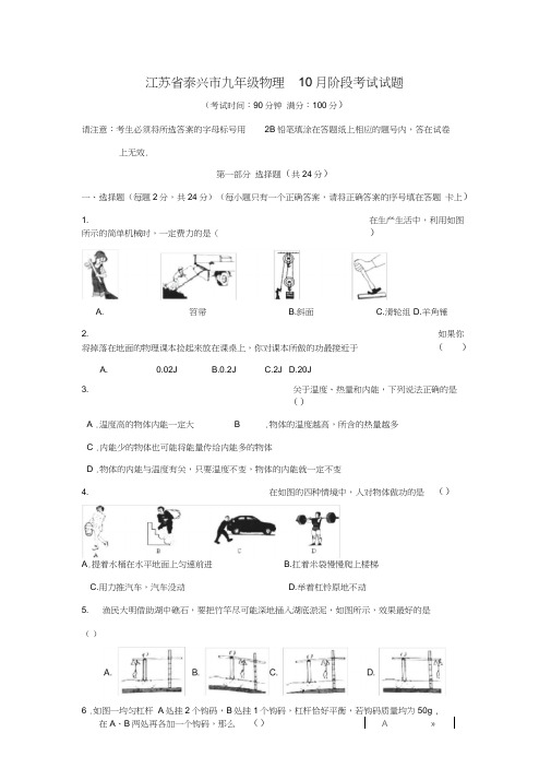 江苏省泰兴市九年级物理10月阶段考试试题