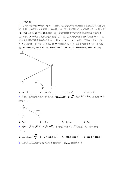 (必考题)初中数学九年级数学下册第一单元《直角三角形的边角关系》检测(答案解析)