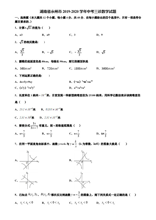 湖南省永州市2019-2020学年中考三诊数学试题含解析