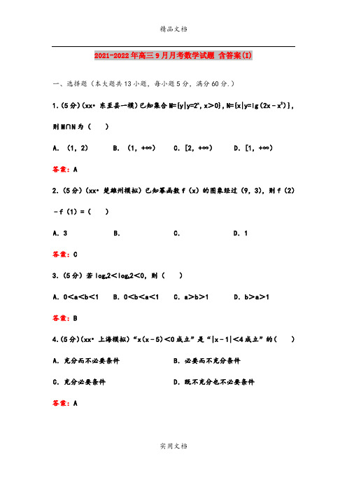 2021-2022年高三9月月考数学试题 含答案(I)