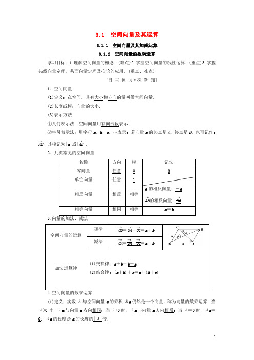 2019高中数学 第三章 3.1.1 空间向量及其加减运算 3.1.2 空间向量的数乘运算学案 新人教A版选修